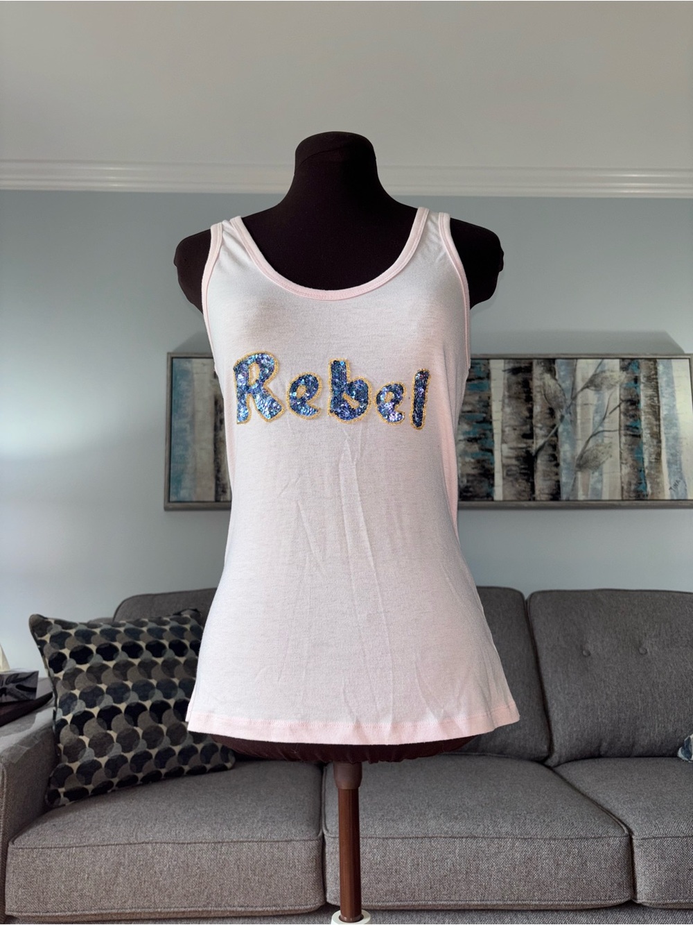 Miss Me Pink Tank Top with Sequin "Rebel" Script